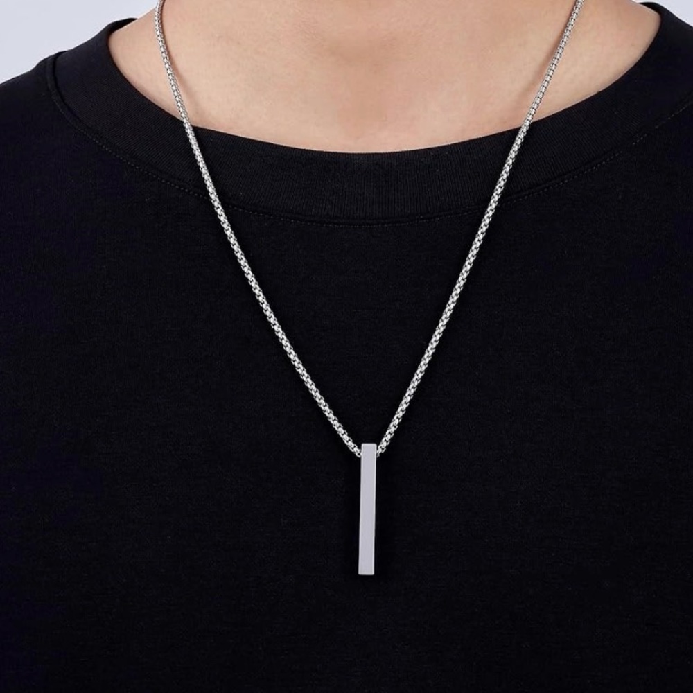 Silver Bar Pendant Necklace - Polished Chain